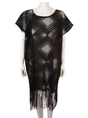 Kendall & James Black Sheer Net Lace Swim Coverup Diamond Design OS